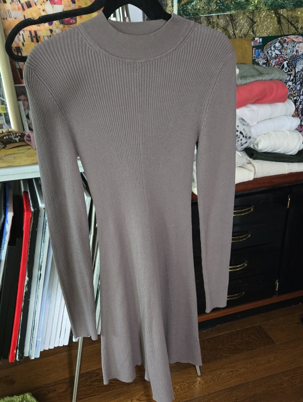 Ribbed Long-Sleeve Knit Dress - Taupe